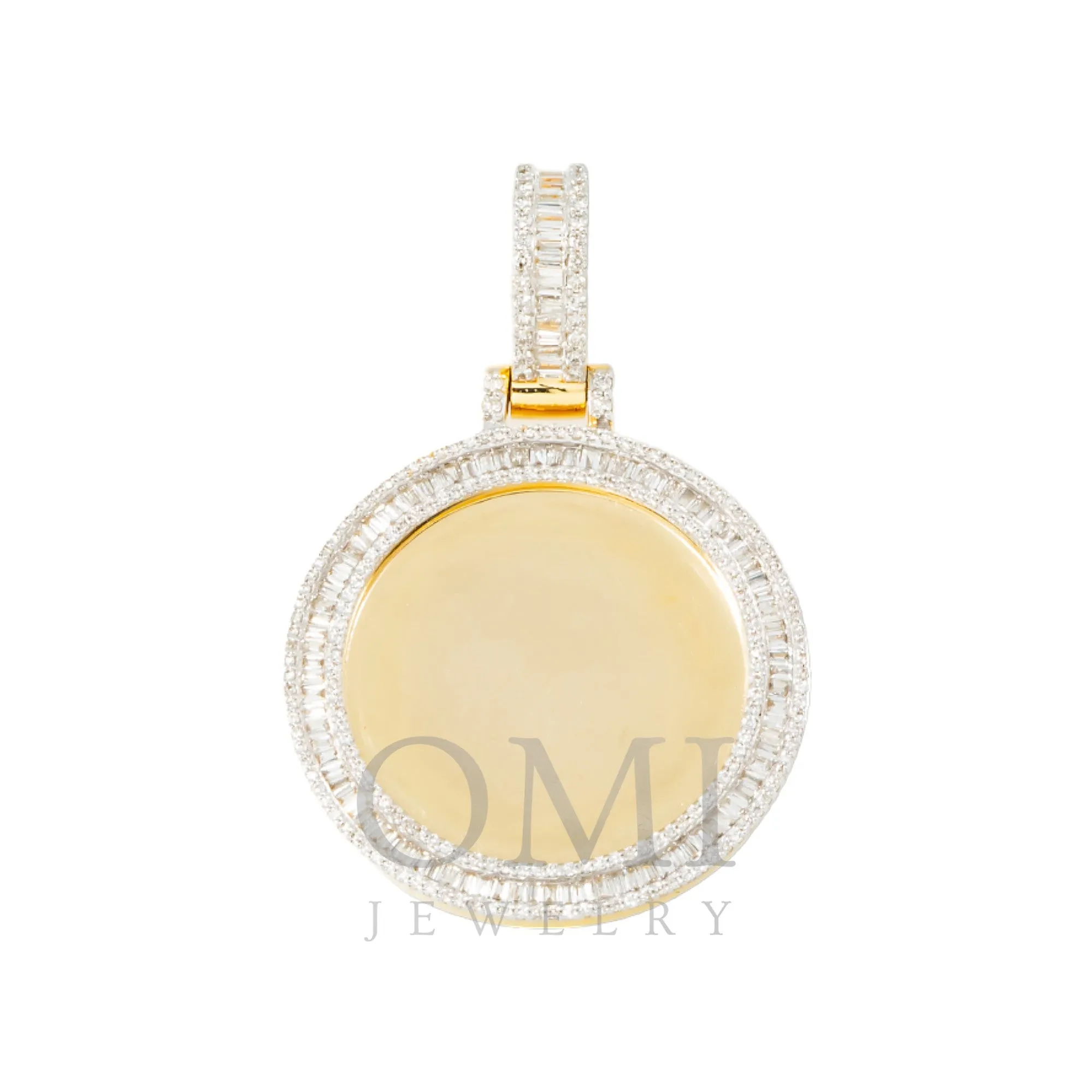 10K GOLD BAGUETTE AND ROUND DIAMOND CIRCLE PICTURE PENDANT 0.80 CT