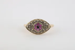 10k Yellow Gold 0.26tcw Diamond 7 0.06tcw Ruby Evil Eye Ring Size 5.25 (2.55g.)