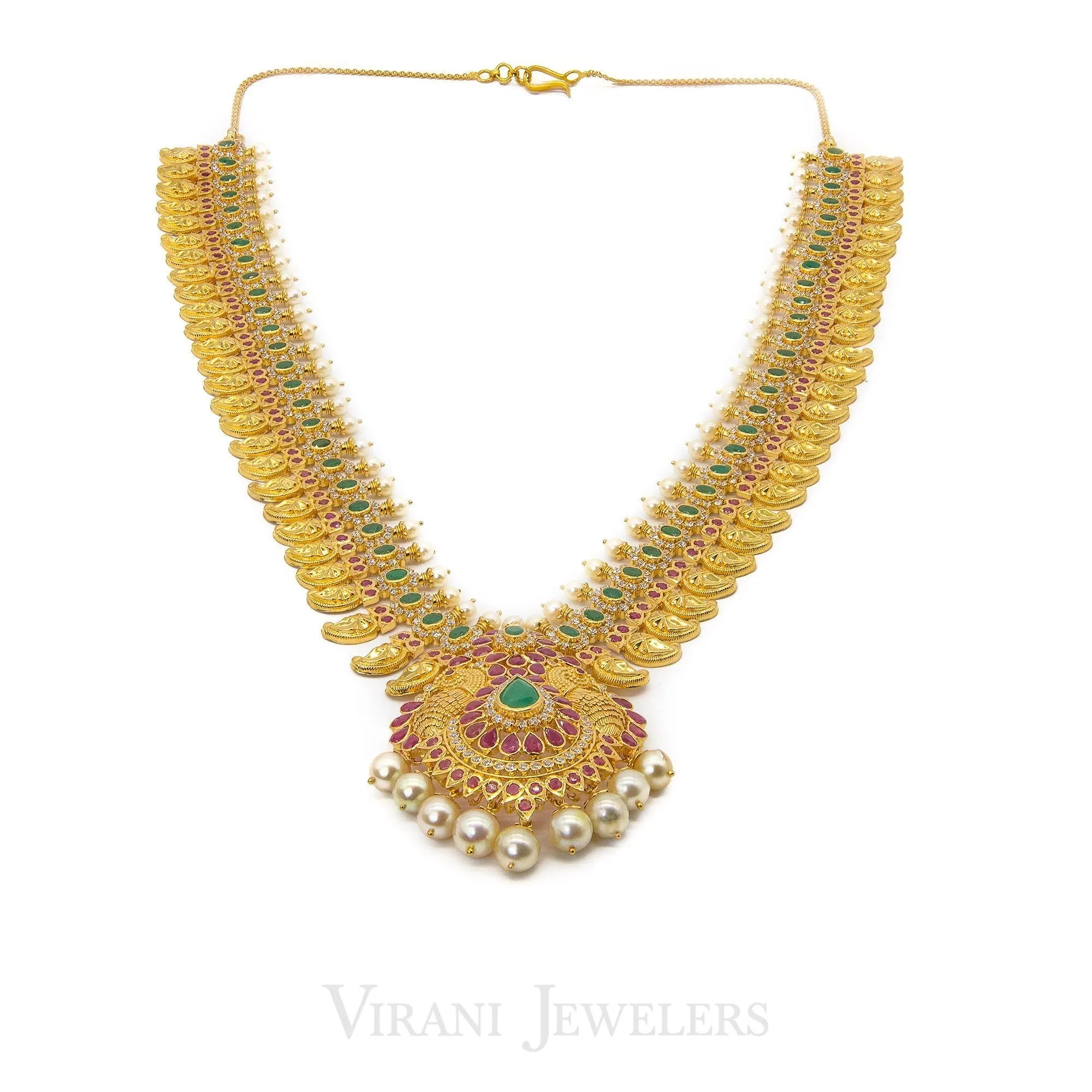 22K Yellow Gold Necklace & Earrings Set W/ CZ, Ruby, Emerald & Mango Details