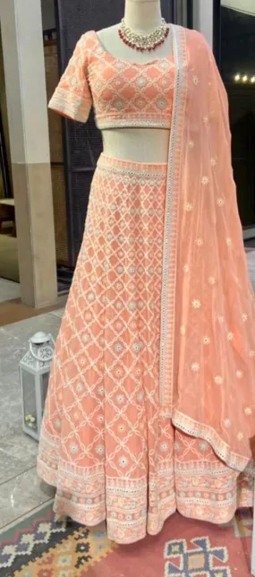 30Z031D-RO Peach Embroidered Lehenga with Dupatta