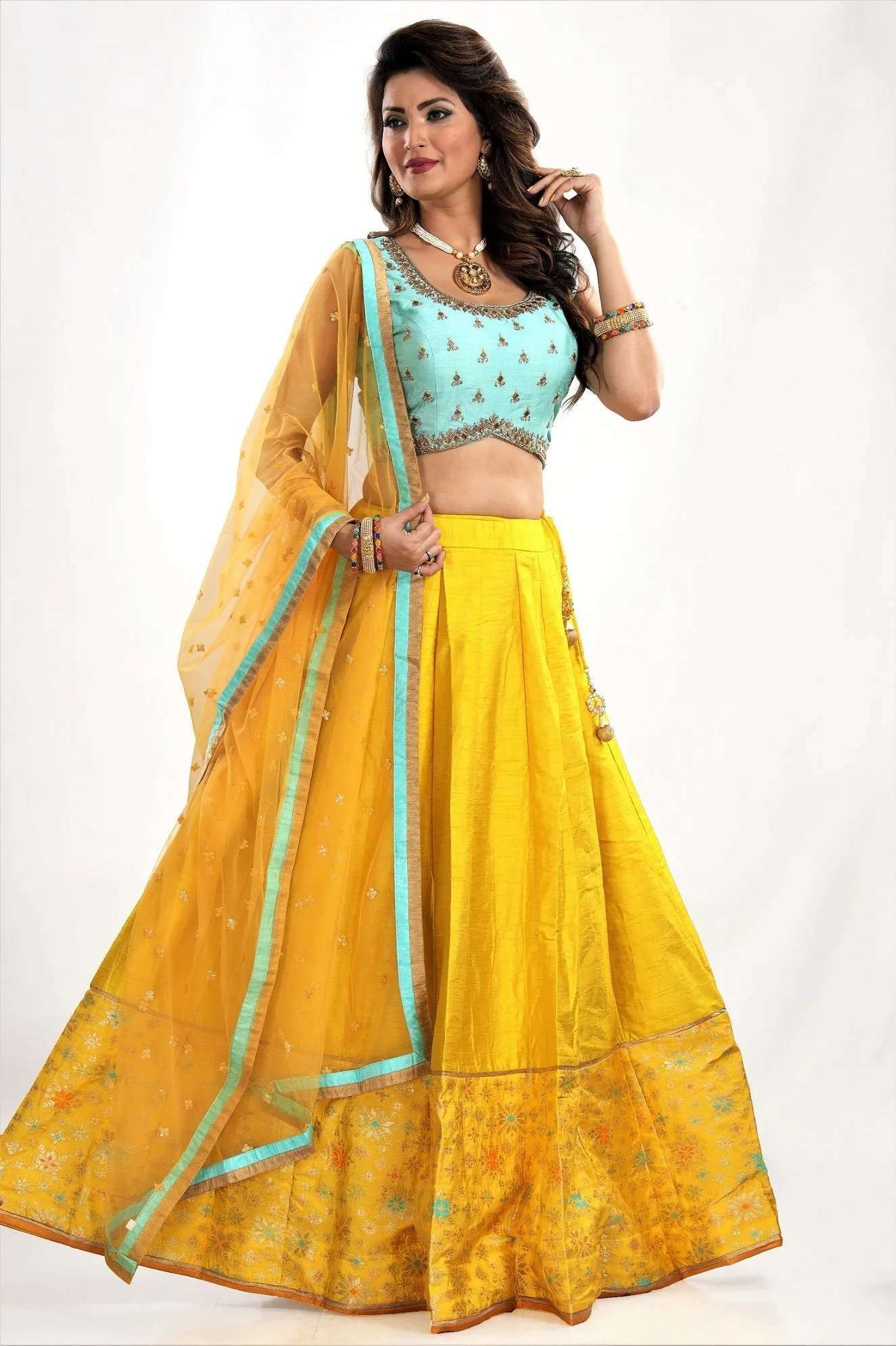 50Y056-RO Mint Green and Yellow Embroidered Dupion Silk Lehenga