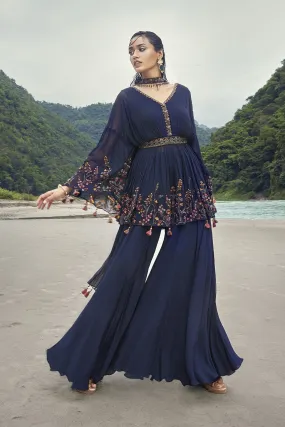 50Z834-RO Navy Embroidered Sharara Suit with Dupatta