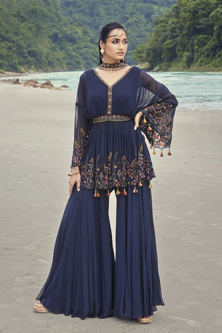 50Z834-RO Navy Embroidered Sharara Suit with Dupatta