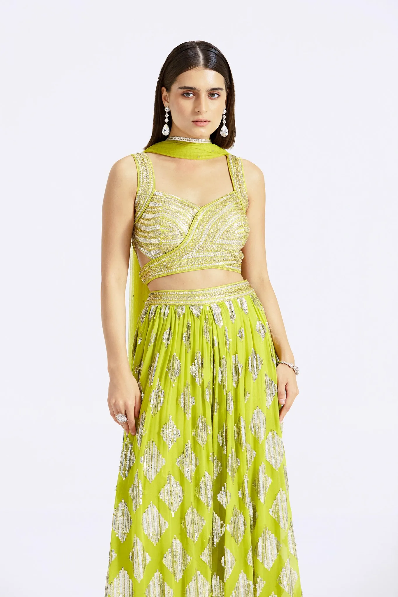 51Z033-RO Lime Green Cutdana and Mirror Work Skirt Set