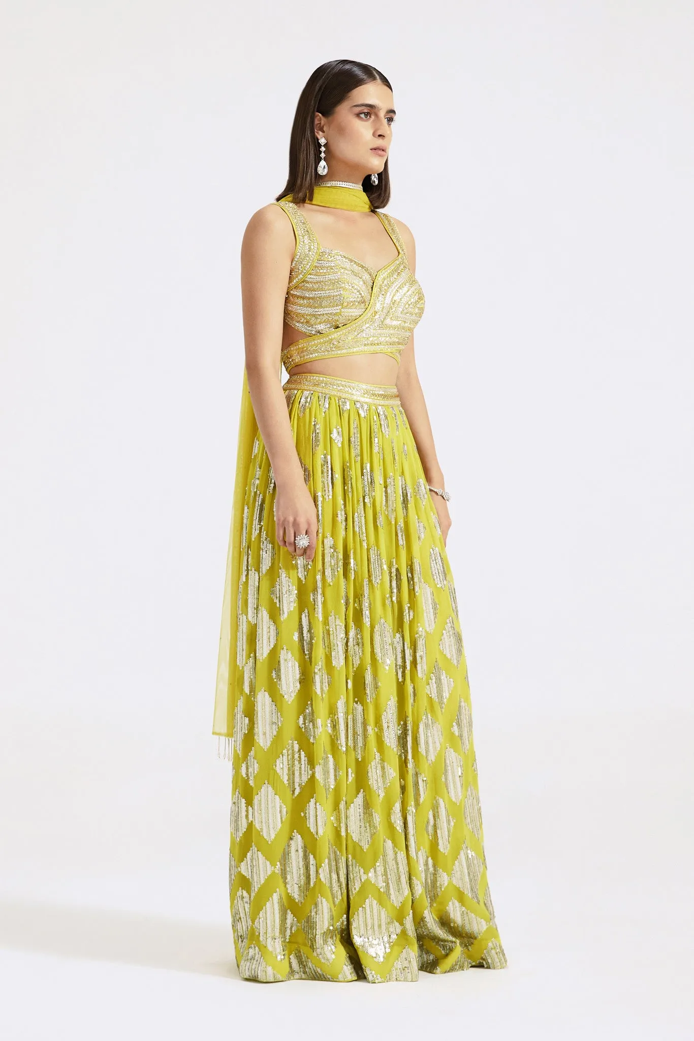 51Z033-RO Lime Green Cutdana and Mirror Work Skirt Set