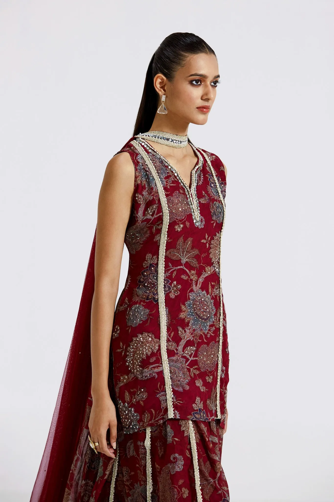 51Z034-RO Wine Floral Georgette Sharara Suit With Dupatta