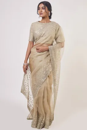 90Y041-RO Beige Organza Stone Cutdana and Pearl Work Saree