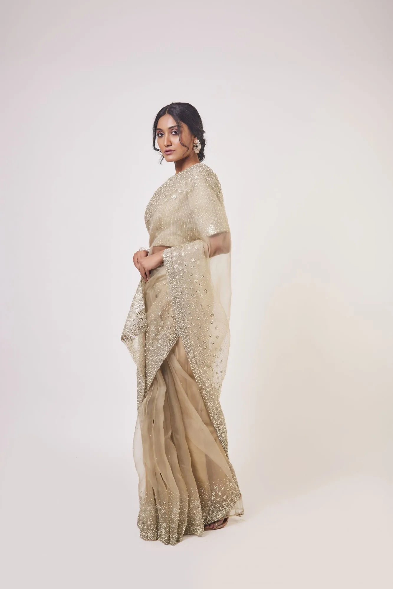 90Y041-RO Beige Organza Stone Cutdana and Pearl Work Saree