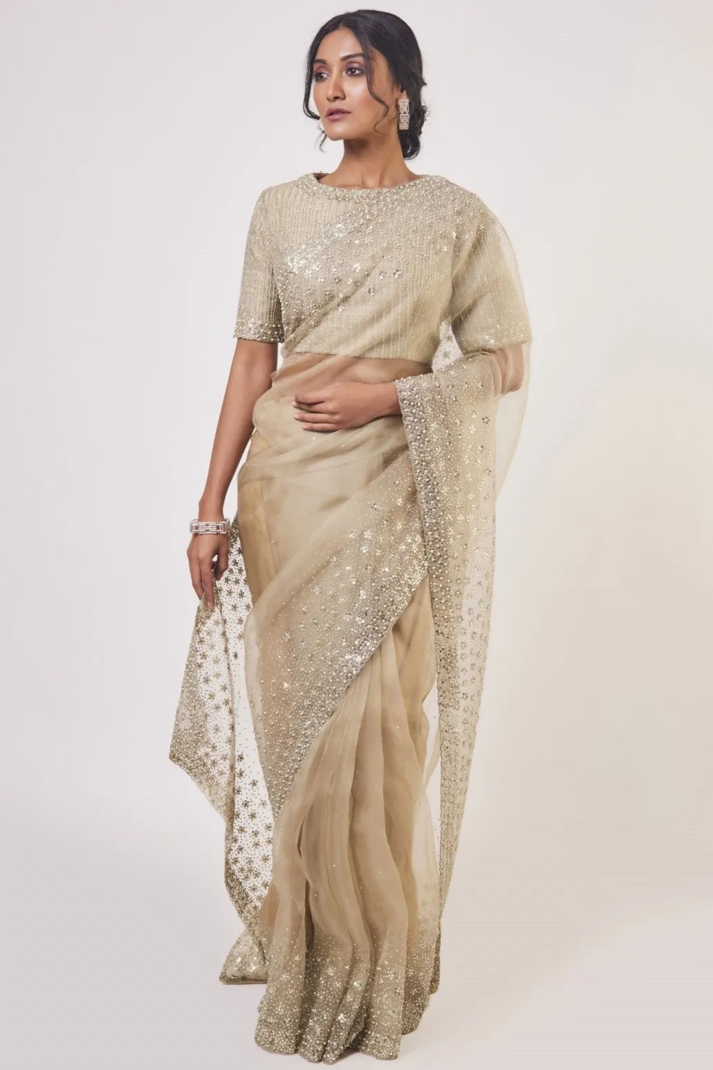 90Y041-RO Beige Organza Stone Cutdana and Pearl Work Saree