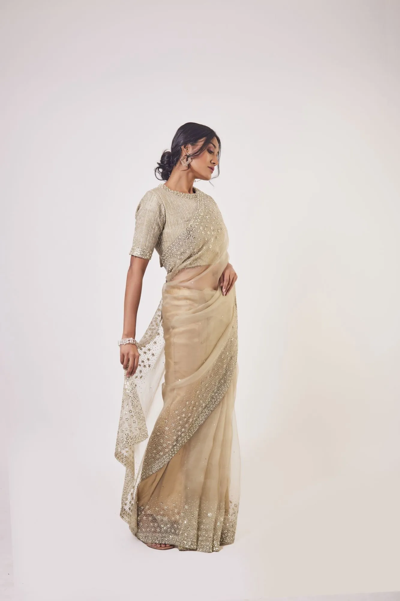 90Y041-RO Beige Organza Stone Cutdana and Pearl Work Saree