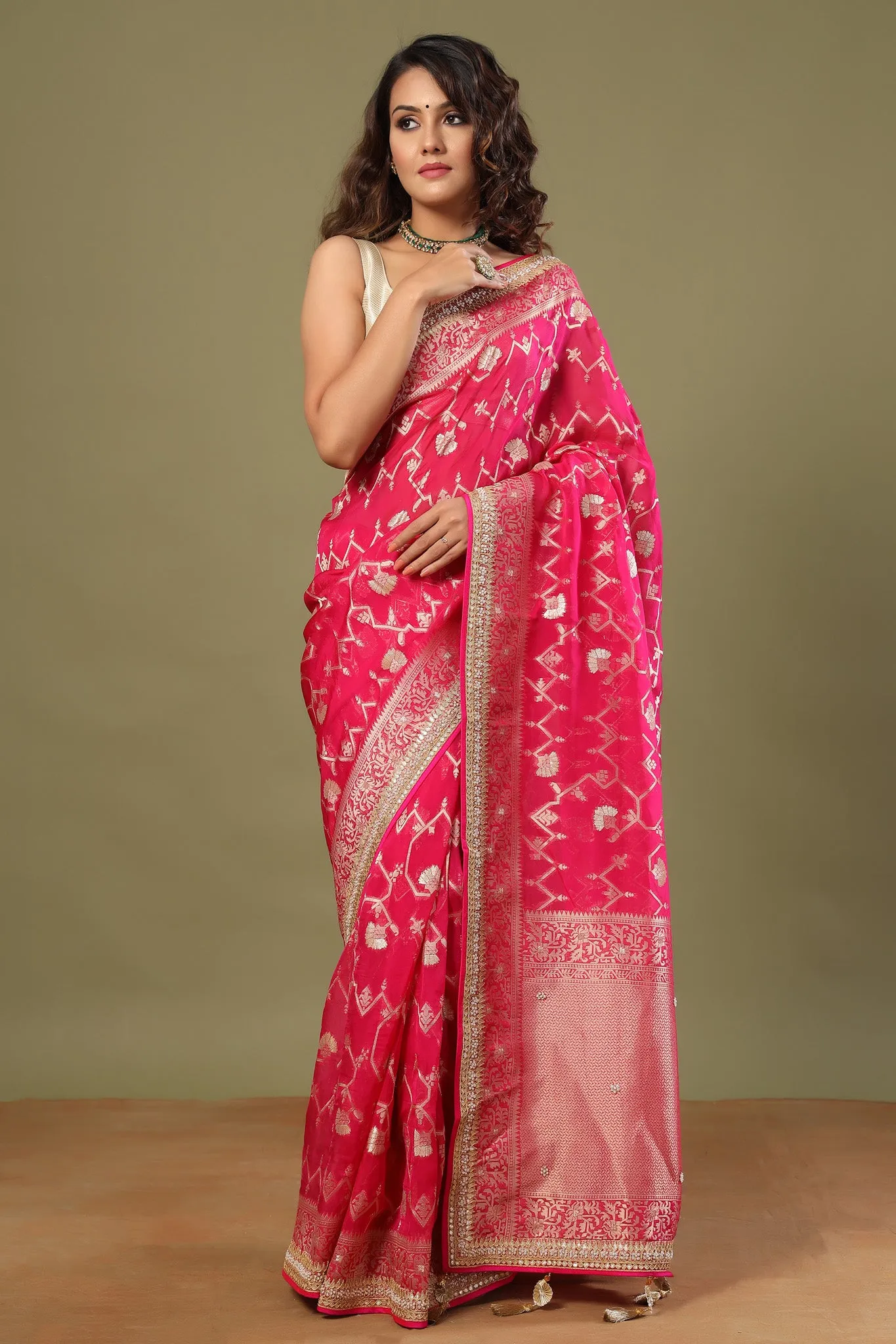 90Z515-RO Bright Pink Banarasi Saree with Embroidered Border