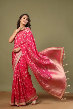 90Z515-RO Bright Pink Banarasi Saree with Embroidered Border