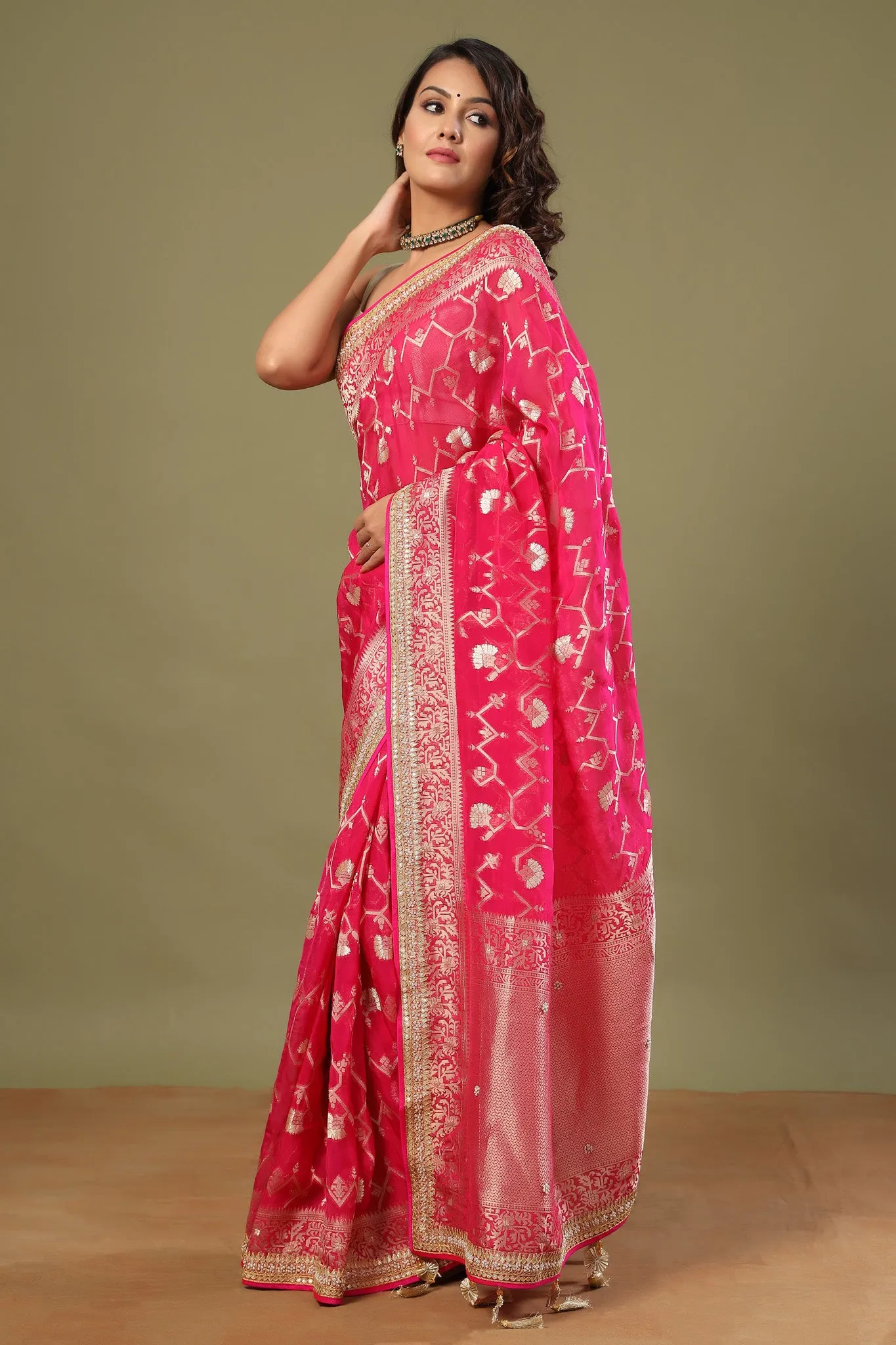 90Z515-RO Bright Pink Banarasi Saree with Embroidered Border