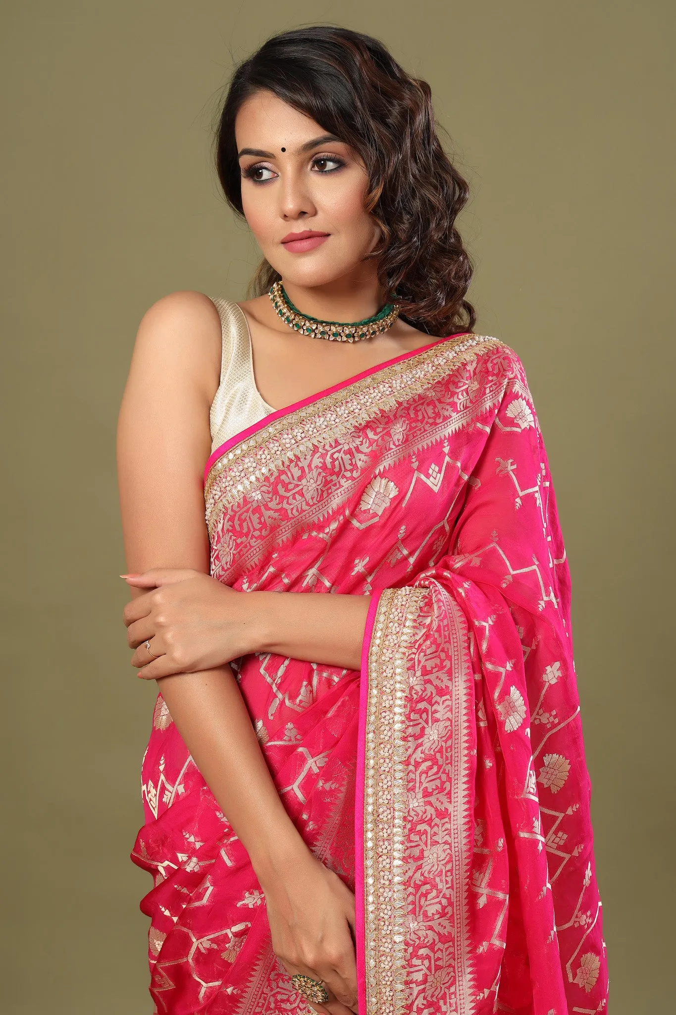 90Z515-RO Bright Pink Banarasi Saree with Embroidered Border