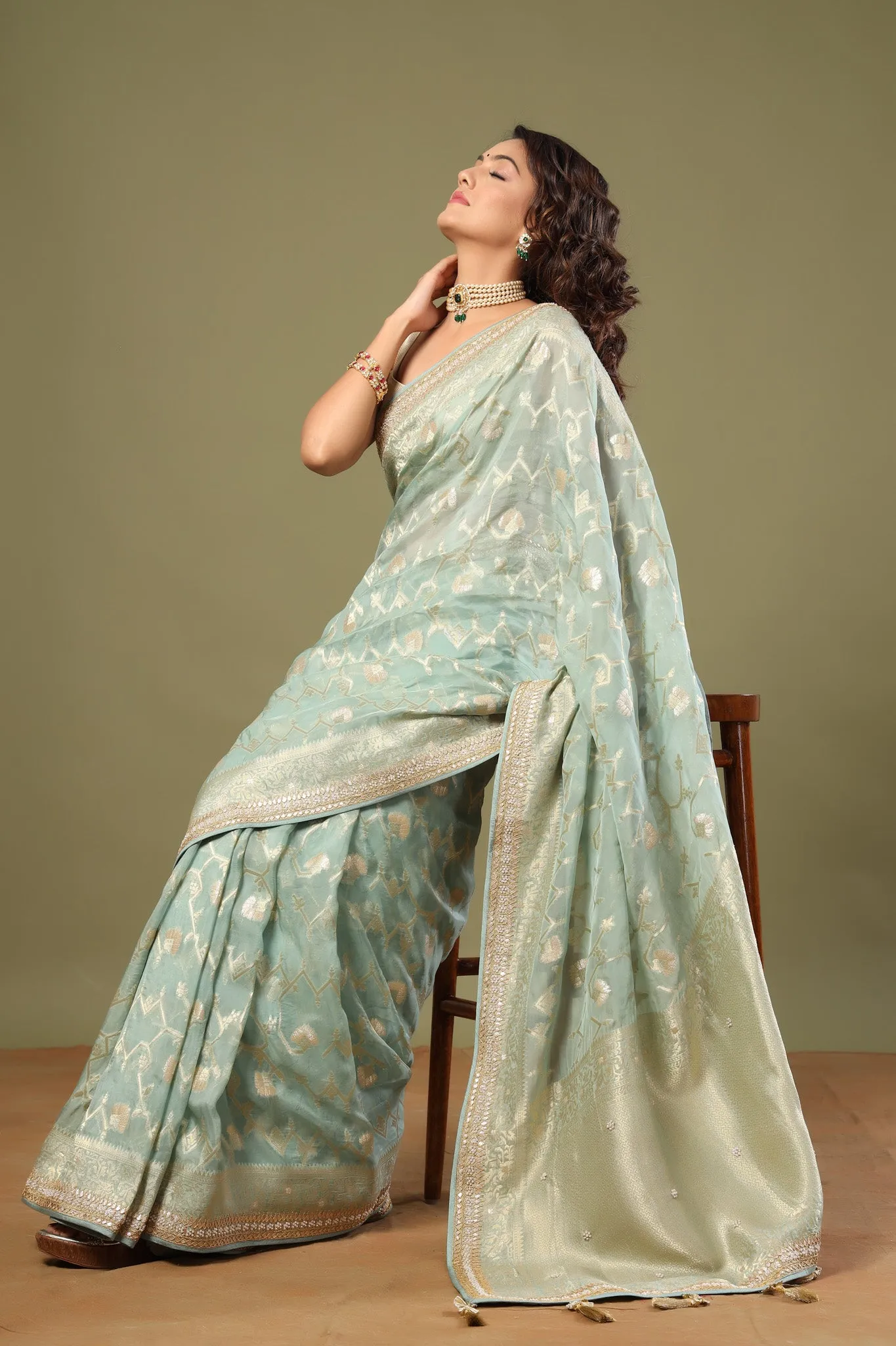 90Z517-RO Mint Green Banarasi Saree with Embroidered Border