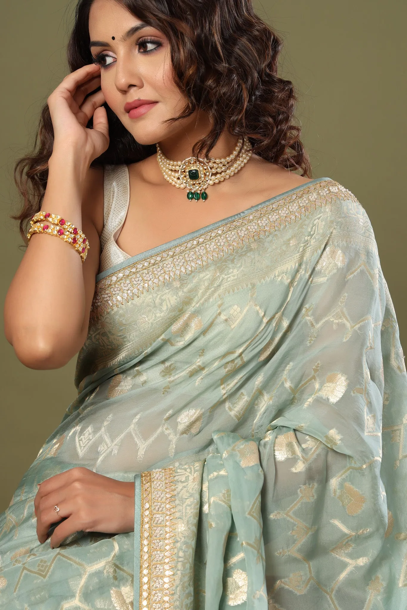 90Z517-RO Mint Green Banarasi Saree with Embroidered Border