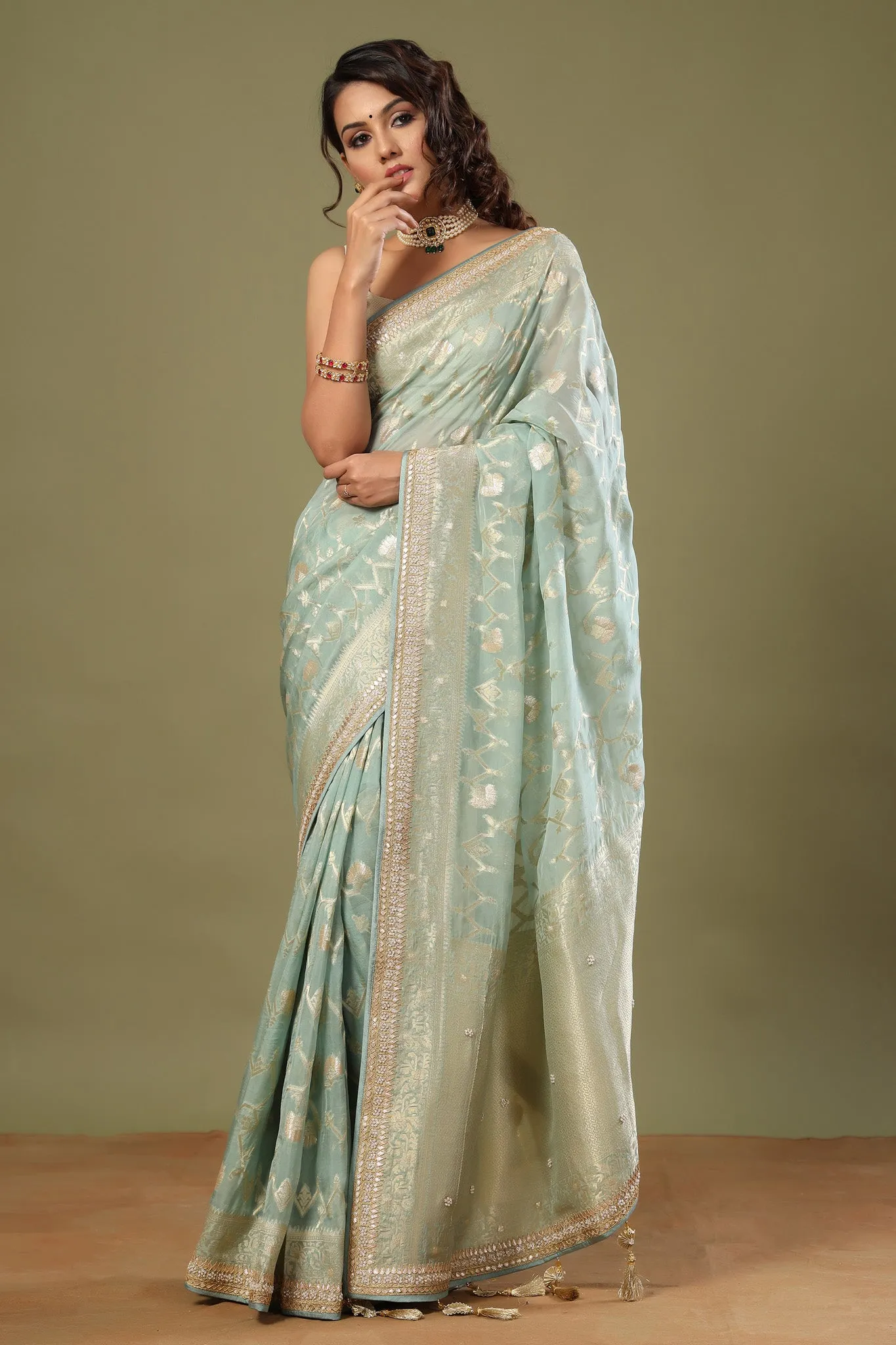 90Z517-RO Mint Green Banarasi Saree with Embroidered Border