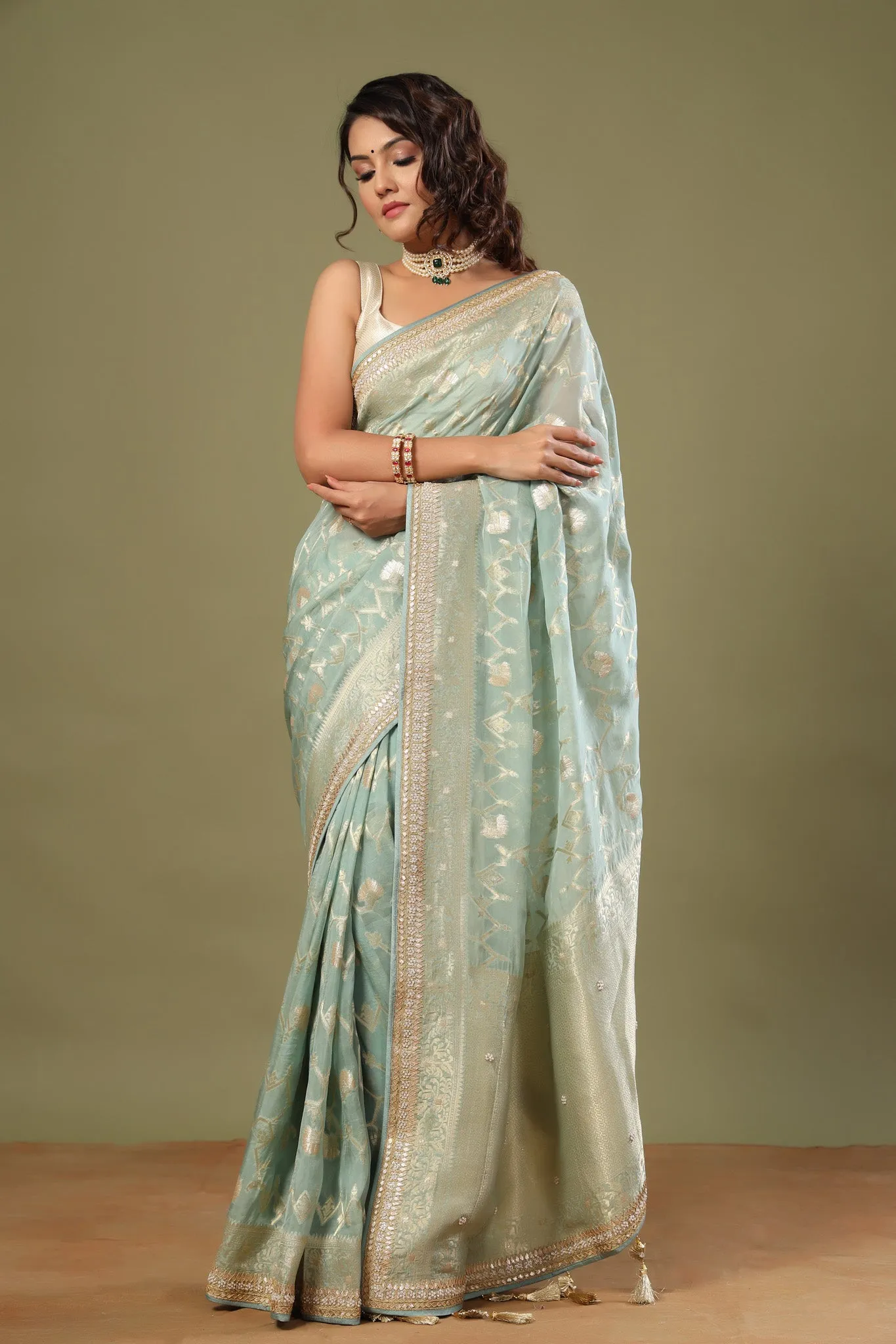 90Z517-RO Mint Green Banarasi Saree with Embroidered Border