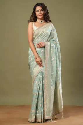 90Z517-RO Mint Green Banarasi Saree with Embroidered Border