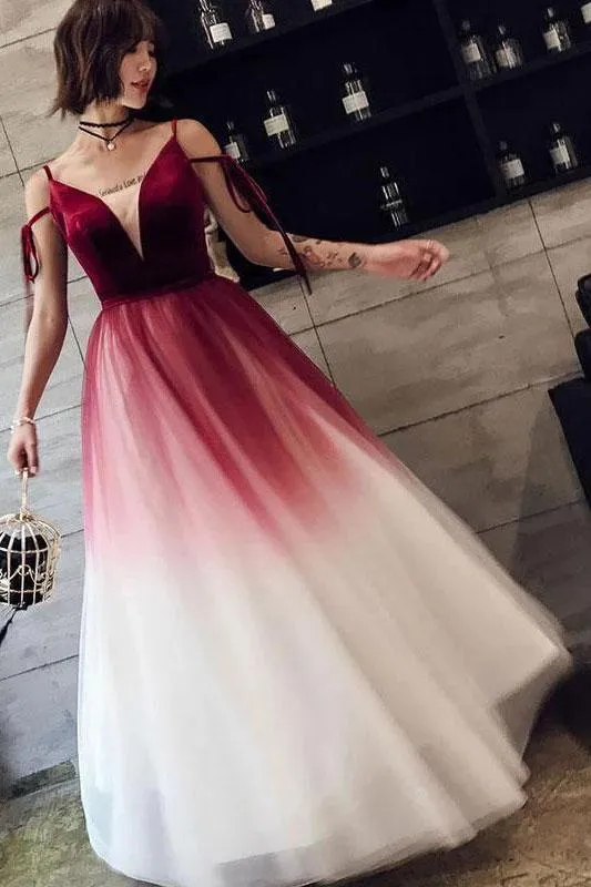 A Line Spaghetti Straps Ombre Long Tulle Prom Dresses, Burgundy V Neck Evening Dress STK15029