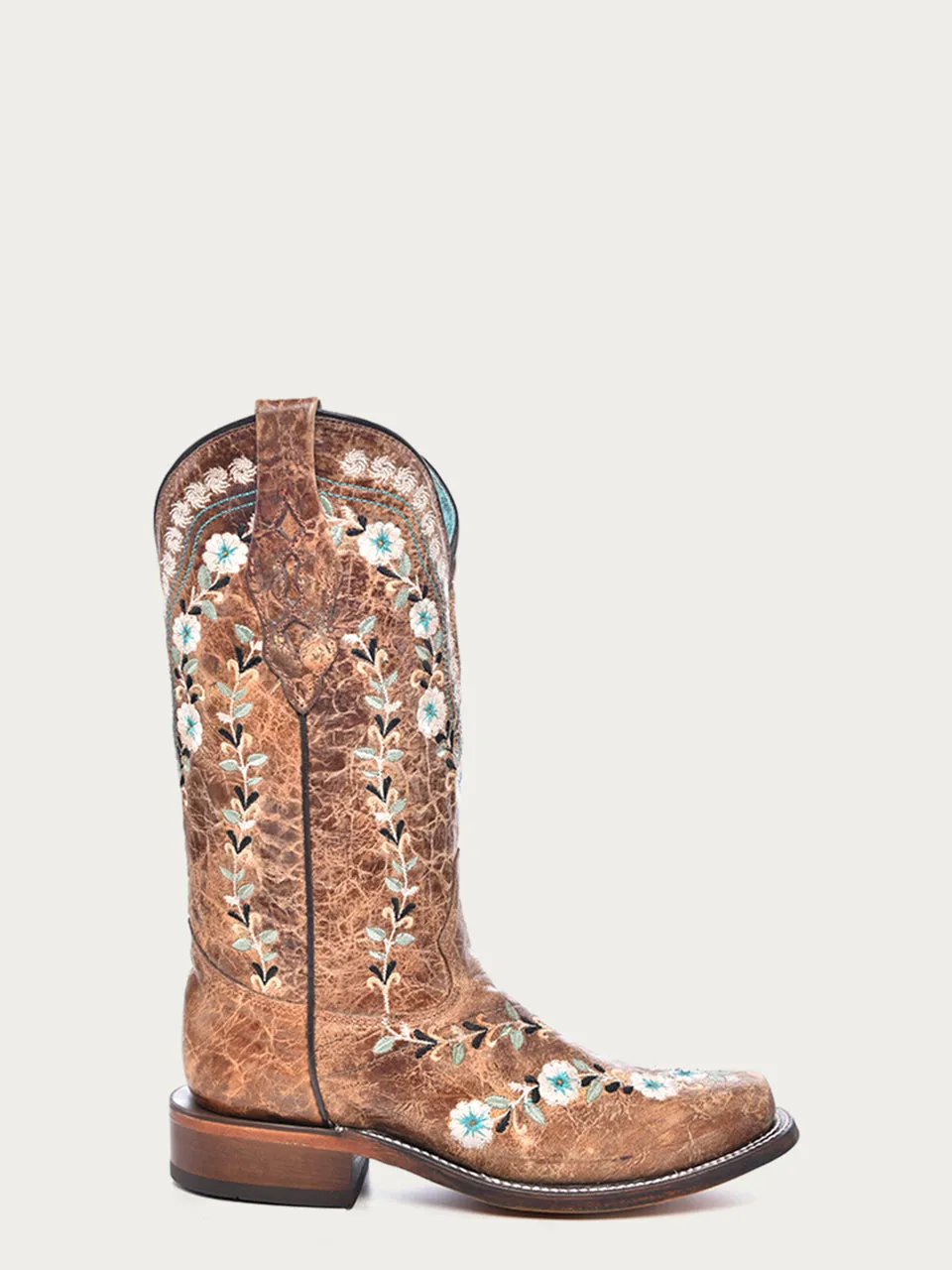 A4398 - WOMEN'S GLOW IN THE DARK FLORAL EMBROIDERY DISTRESS COGNAC SUARE TOE COWBOY BOOT