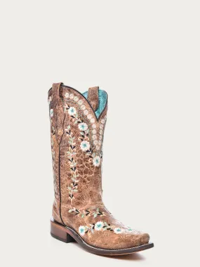 A4398 - WOMEN'S GLOW IN THE DARK FLORAL EMBROIDERY DISTRESS COGNAC SUARE TOE COWBOY BOOT