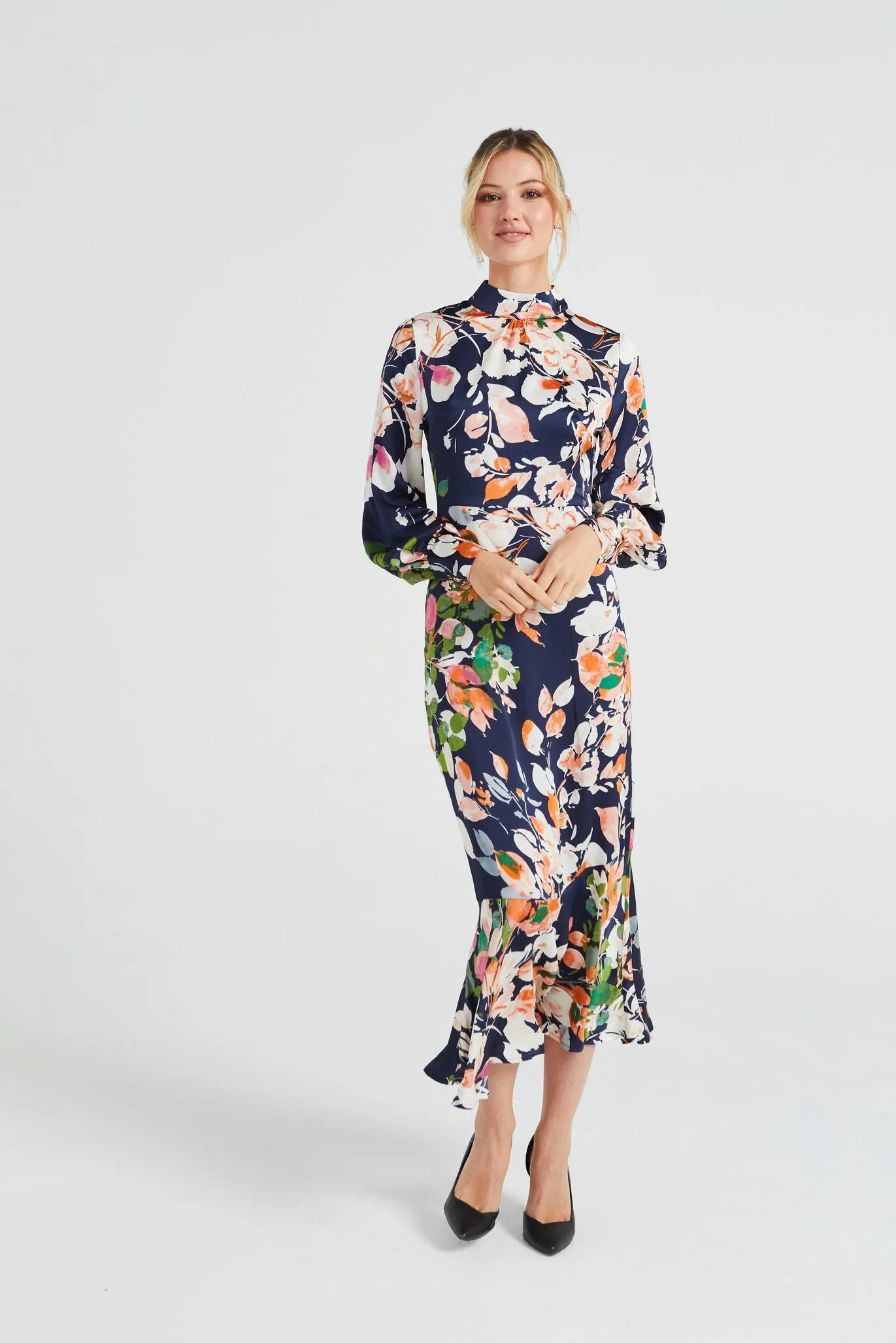 Angeleye Long Satin High Neck Tea Dress In Navy Floral Print