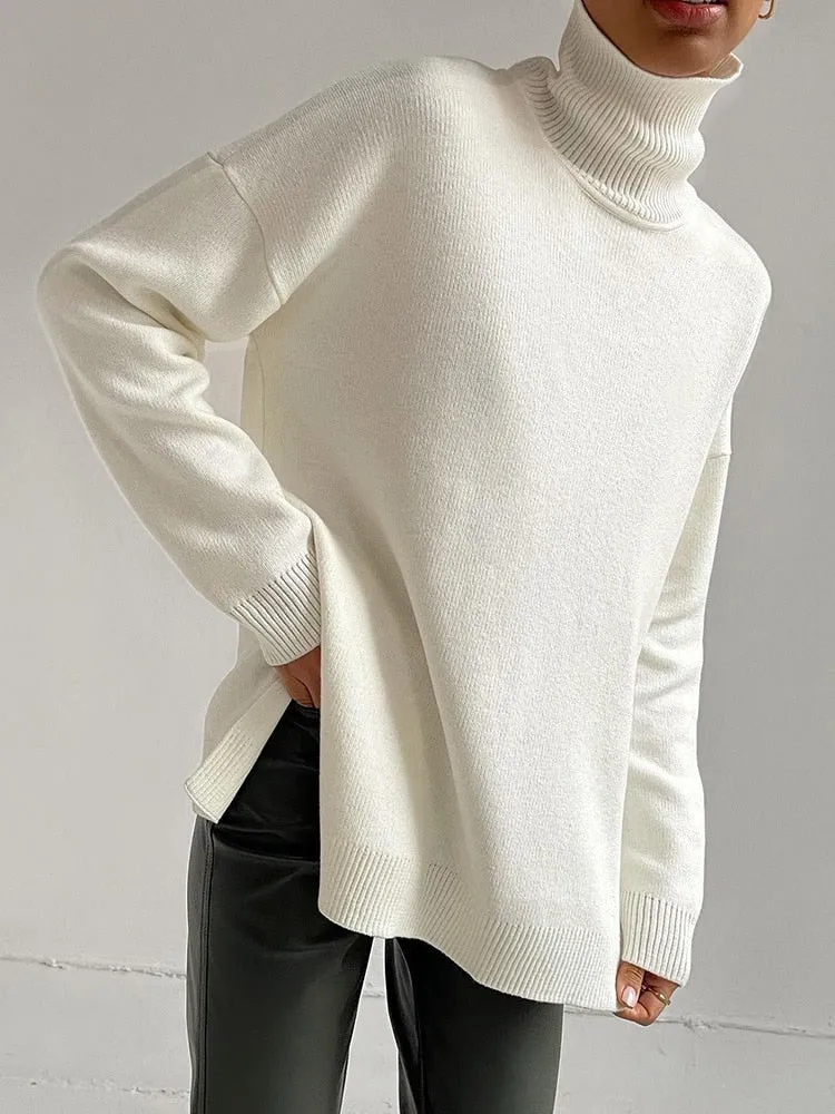 Autumn Winter Women Sweaters Turtleneck Women Pullovers Side Split Knitted Jumpers