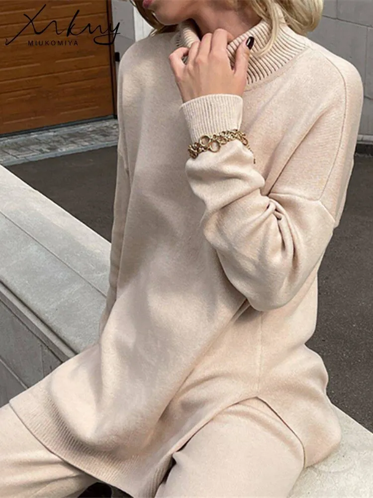 Autumn Winter Women Sweaters Turtleneck Women Pullovers Side Split Knitted Jumpers