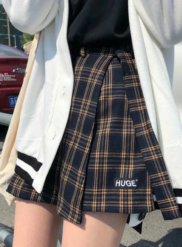 BASIC FASHION ALL MATCH PLAID IRREGULAR HIGH WAIST SKIRTS