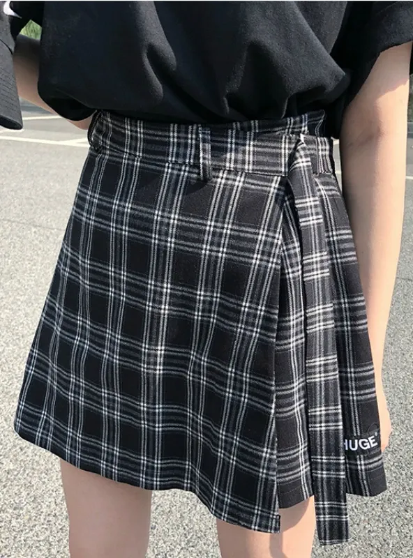 BASIC FASHION ALL MATCH PLAID IRREGULAR HIGH WAIST SKIRTS