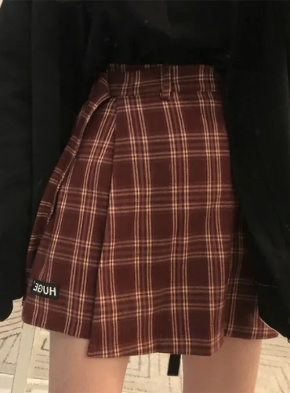 BASIC FASHION ALL MATCH PLAID IRREGULAR HIGH WAIST SKIRTS