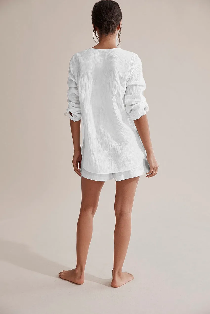 BerriesJam - 2024 White Double Gauze Long Sleeve Shorts Loungewear