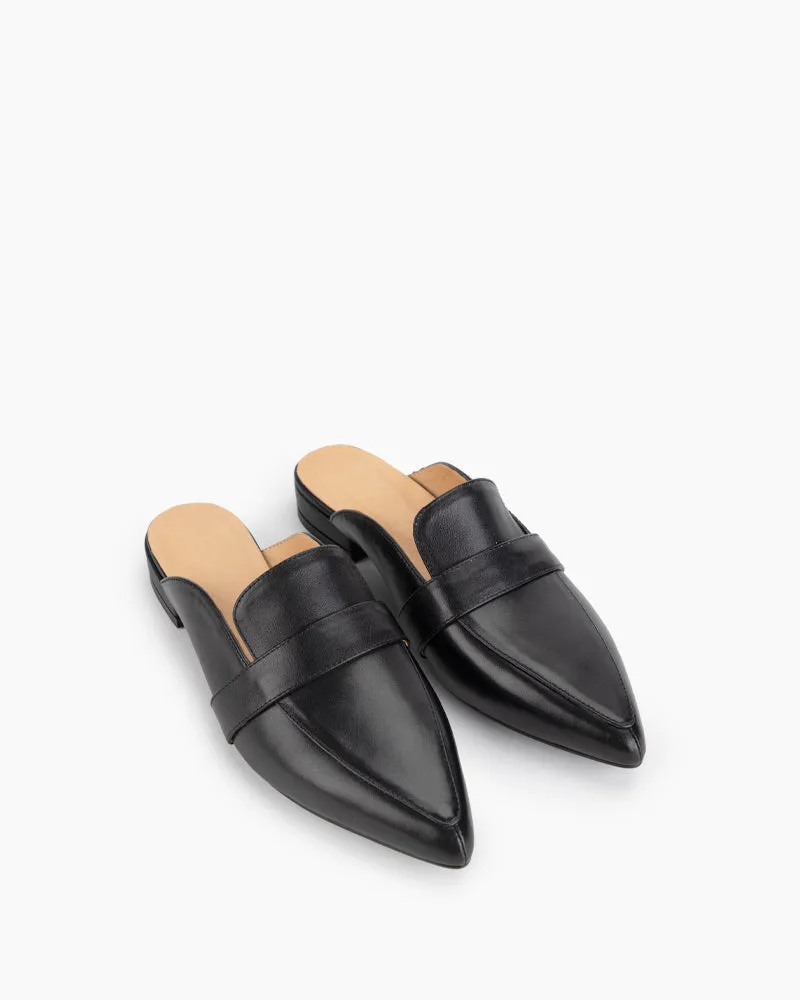 Black Classic Leather Flat Mules