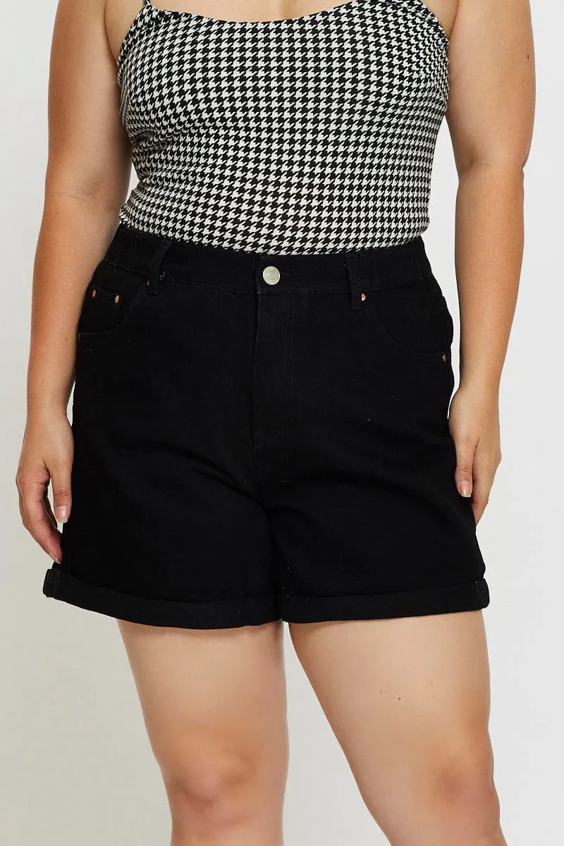 Black Denim Shorts High Rise Roll Hem Relaxed