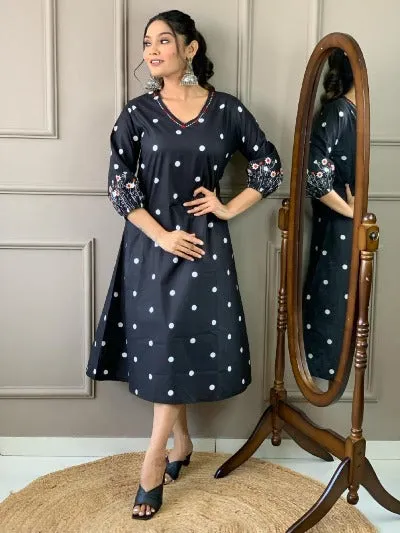 Black Embroidered Handloom Cotton Middi Dress 1PC