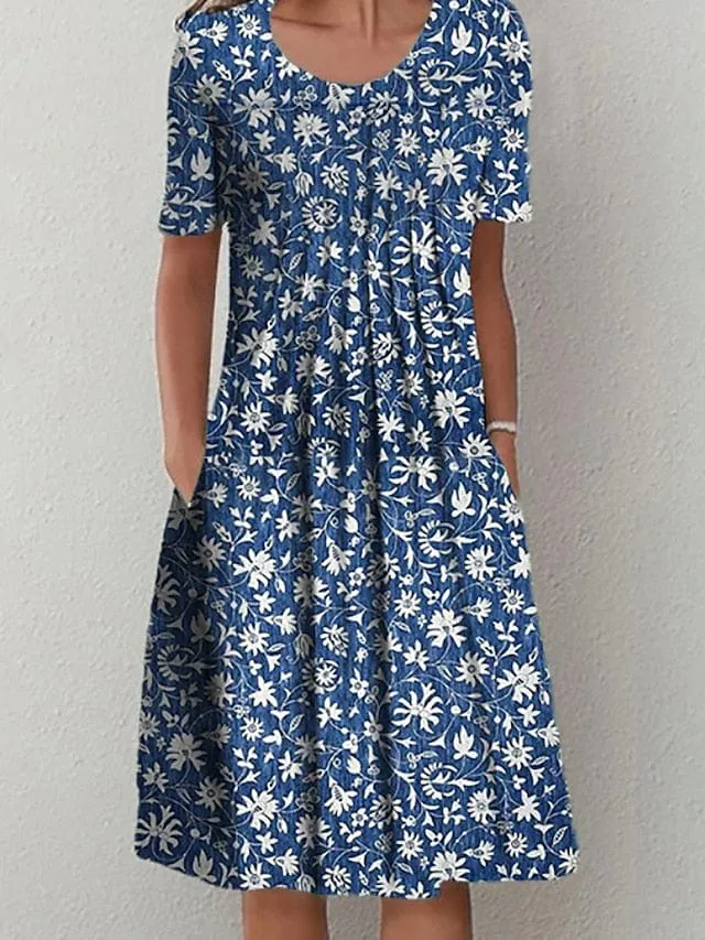 Blue Floral Midi Dress with Ruched Detail and Crew Neck