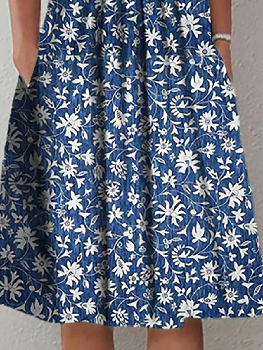 Blue Floral Midi Dress with Ruched Detail and Crew Neck