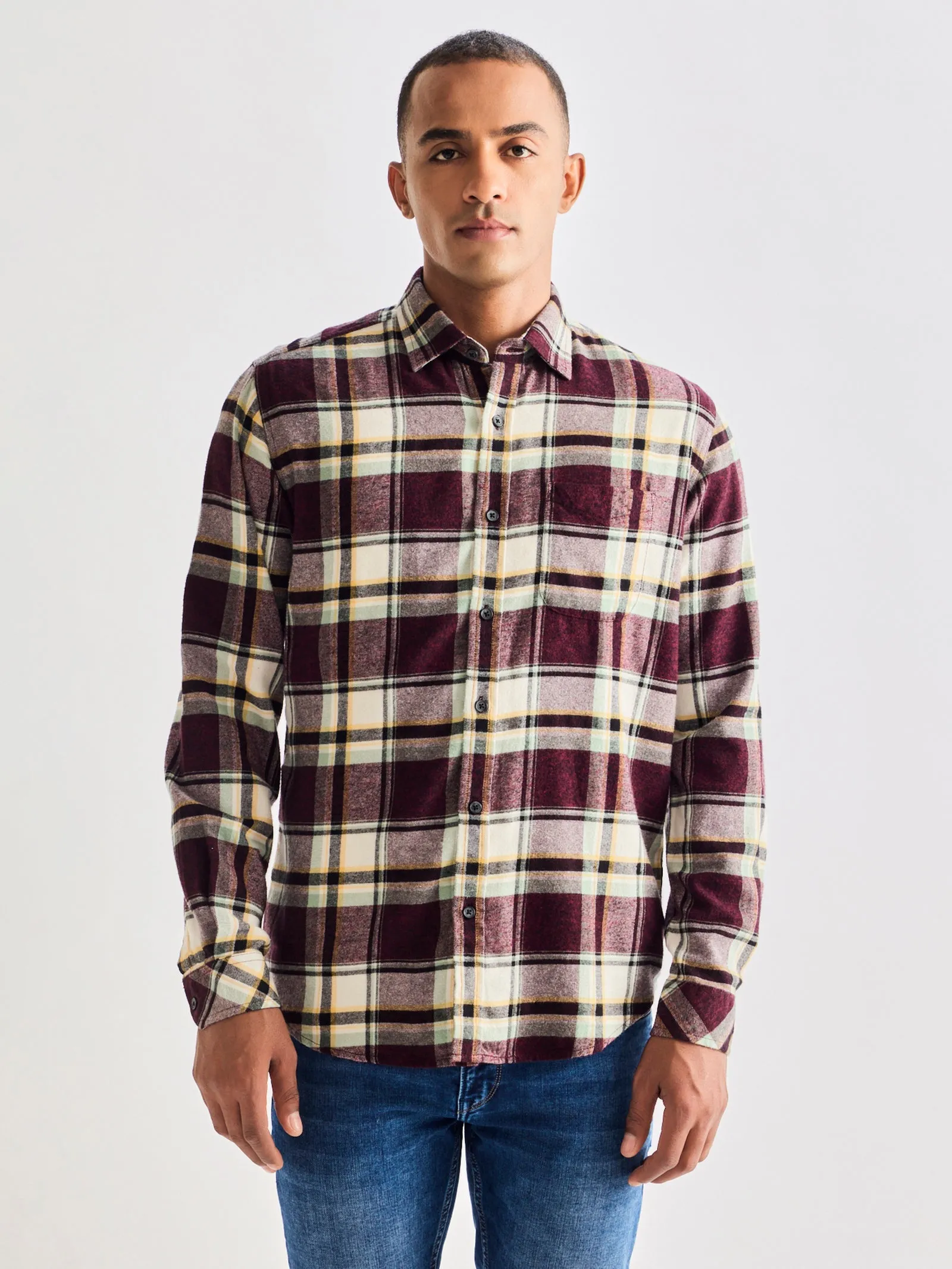 Brown Brushed Cotton Checked Shirt