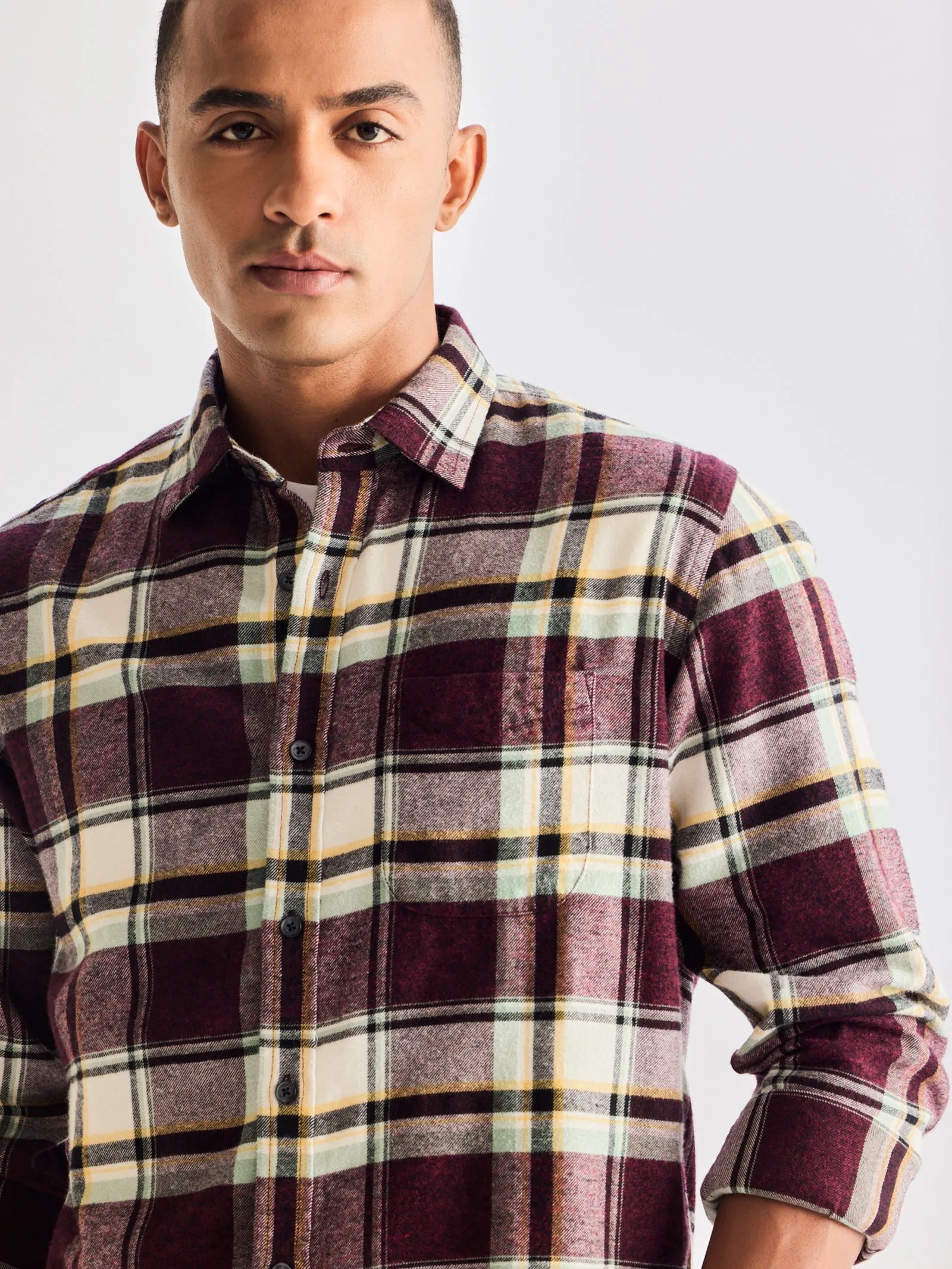 Brown Brushed Cotton Checked Shirt