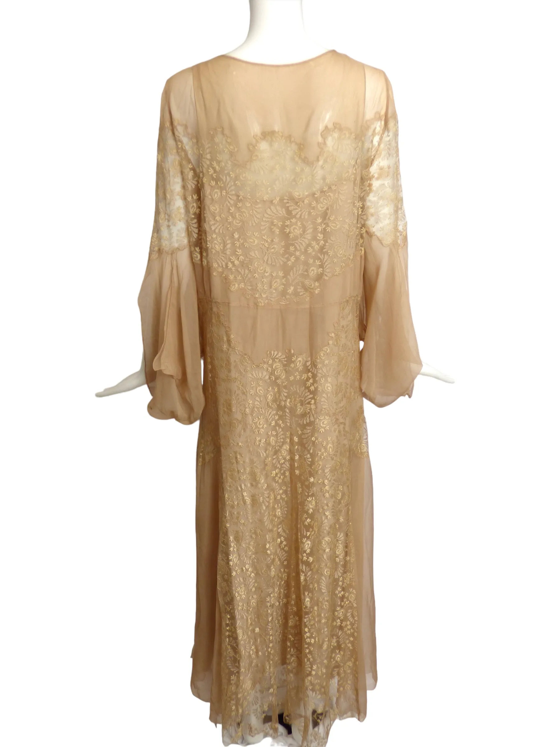 c.1930 Beige Lace & Chiffon Dress, Size-14