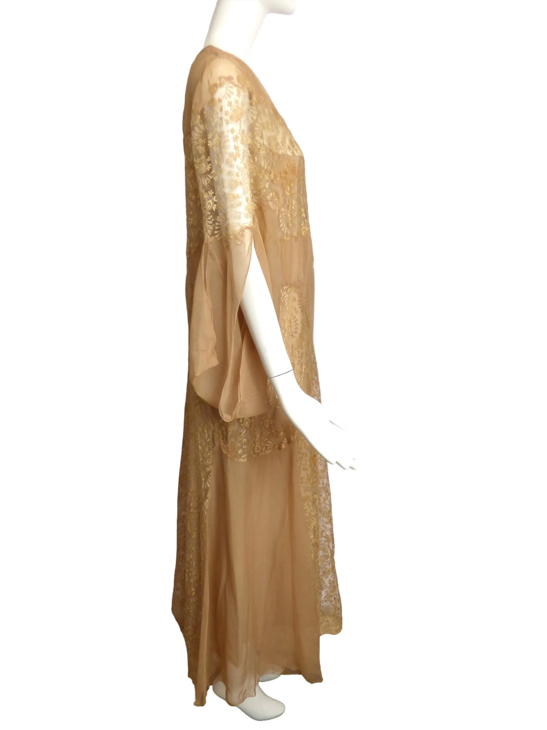 c.1930 Beige Lace & Chiffon Dress, Size-14