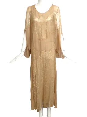 c.1930 Beige Lace & Chiffon Dress, Size-14