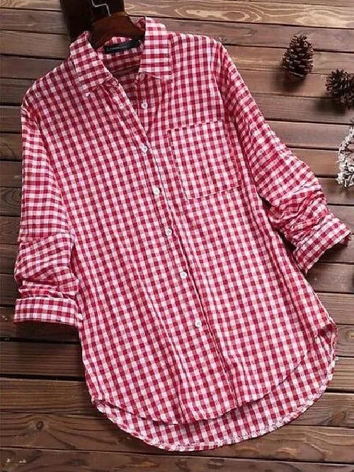 Classic Plaid Pocket Shirt for Women in Black, Red, and Blue