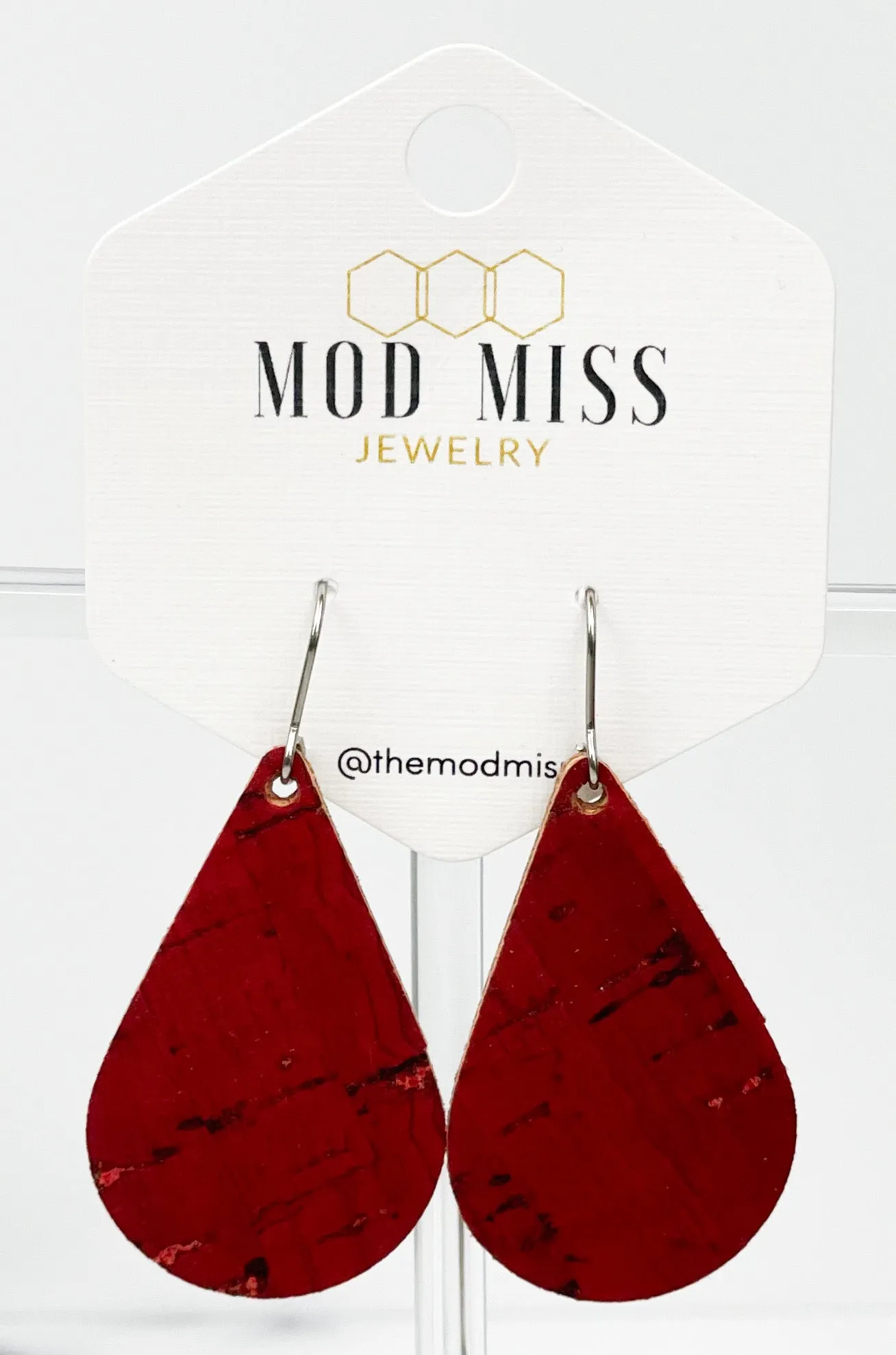 Cork Leather Teardrop Earring Red 