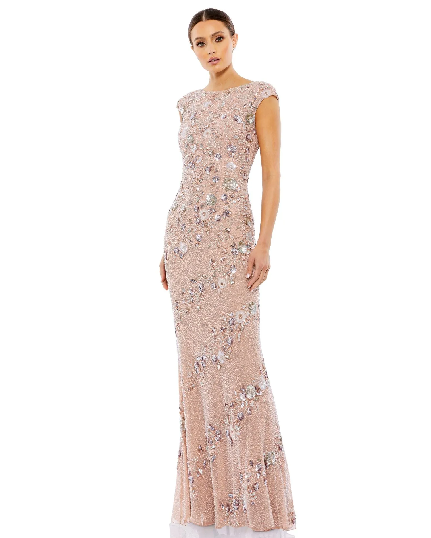 Embellished Bateau Neck Cap Sleeve Gown