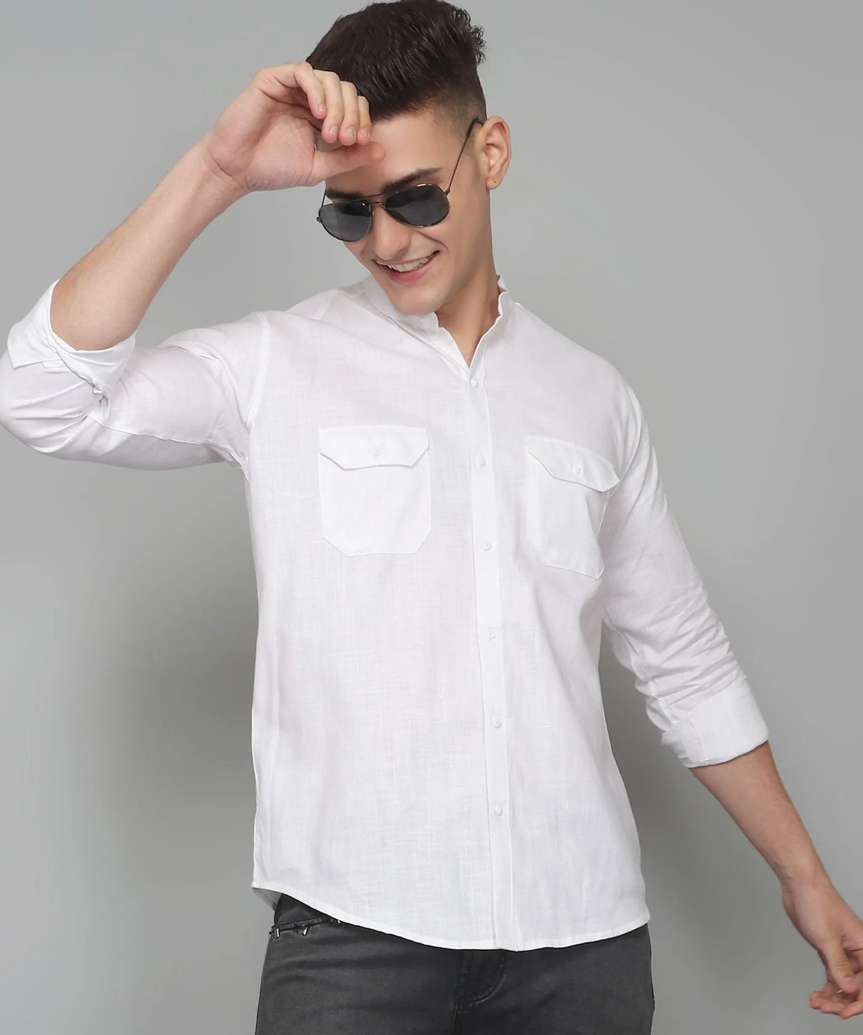 Fancy Fabulous TryBuy Premium White Solid Cotton Linen Double Pocket  Button-Up Shirt For Men