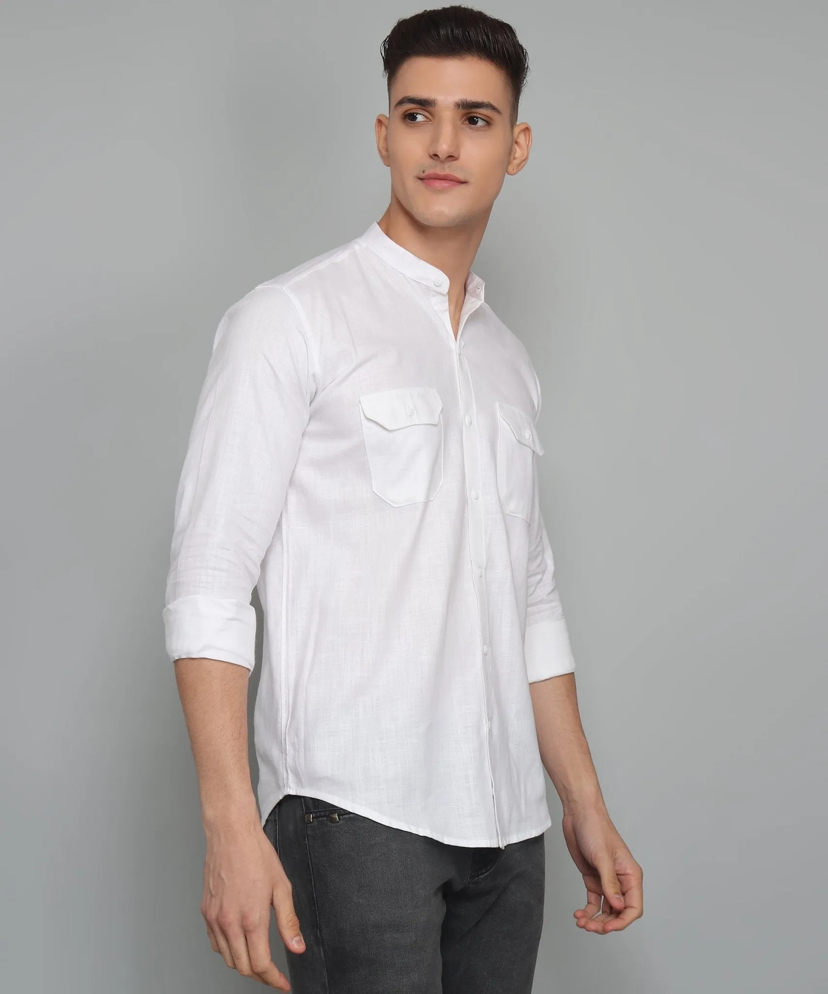 Fancy Fabulous TryBuy Premium White Solid Cotton Linen Double Pocket  Button-Up Shirt For Men