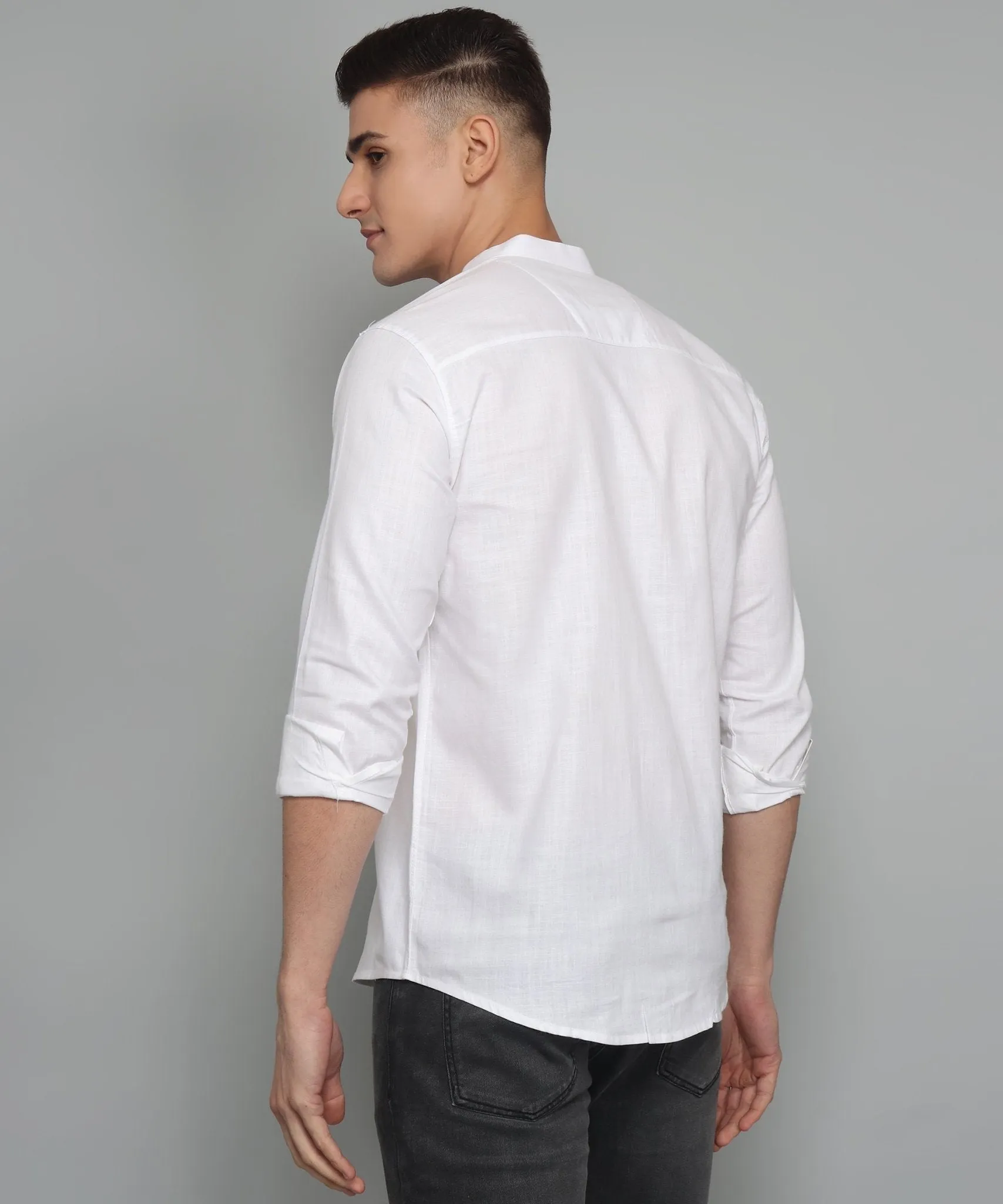 Fancy Fabulous TryBuy Premium White Solid Cotton Linen Double Pocket  Button-Up Shirt For Men