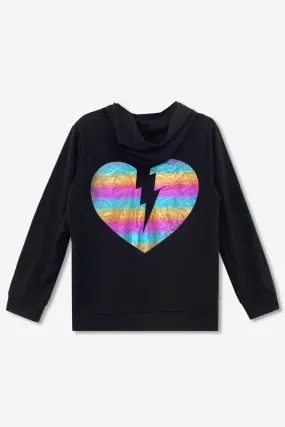 French Terry Zip Hoodie - Black Rainbow Foil Broken Heart